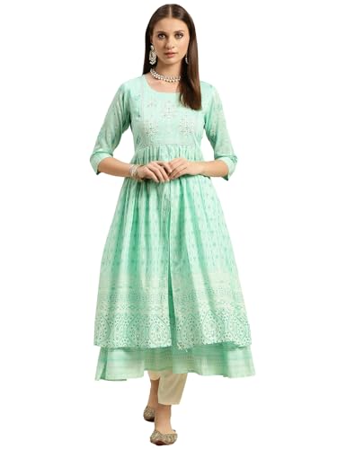 rangita Mint Green Cotton Calf Length Printed Double Layered Kurt...