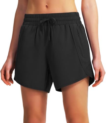 Ksmien Women's 5"/ 7" Athletic Running Shorts Quick Dry Lightweight Workout Gym Shorts with Zipper Pockets UPF 50+ Black L - 4