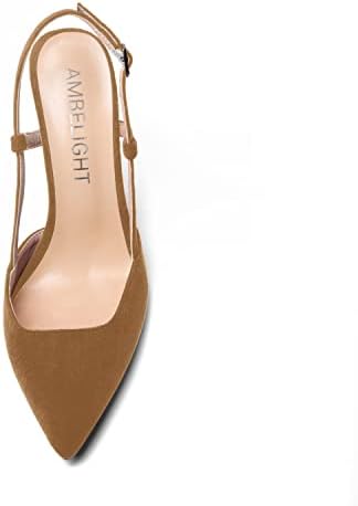 AMBELIGHT Women's Pointed Toe 4 Inch High Heel Suede Solid Stiletto Slingback Casual Pumps Shoes Brown Size 7.5 - Zapato Tacon Review | Image 2