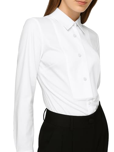 SUNNOW Women's White Tuxedo Button Up Shirt Long Sleeve Bib Collar Blouse Dressy Casual Tops
