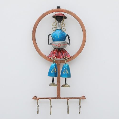 PEDEX Rajasthani Hand Painted Metal Musician Doll Key Holder with 4 Hooks Traditional Multicolor Wall Hanger for Keys Decor | Perfect for Home, Entryway, Living Room & Office