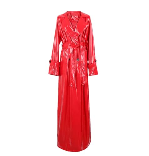 Manteau maxi cuir verni rouge pour femme veste longue double boutonnage