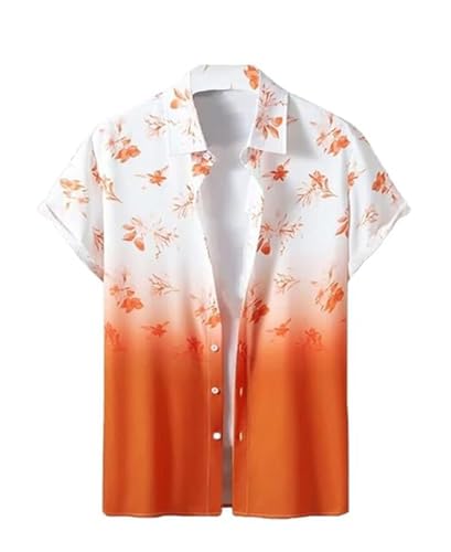 Image of Men's Floral Print Hawaiian Shirt, Short Sleeve Button Down, Orange Ombre Gradient, White