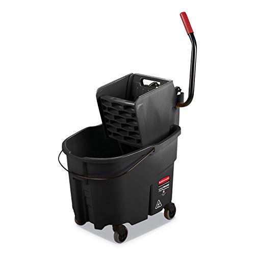 Image of Rubbermaid Commercial Products WaveBrake 35 QT Side-Press Mop Bucket and Wringer Combo on Wheels with Dirty Water Bucket, Black, for Heavy-Duty Floor Cleaning