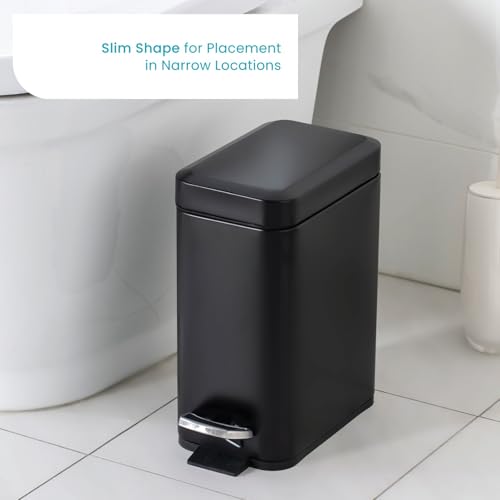 Image of Home Zone Living 1.3 Gallon Small Bathroom Trash Can with Lid and Step Pedal, Stainless Steel Wastebasket with Slim Design for Home and Office, Matte Black, 5 Liters