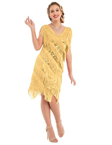 Prettyguide Women's Flapper Dress Sequin Fringe 1920S Inspired Party Latin Dance Dress L/Us12 Gold #TOP2