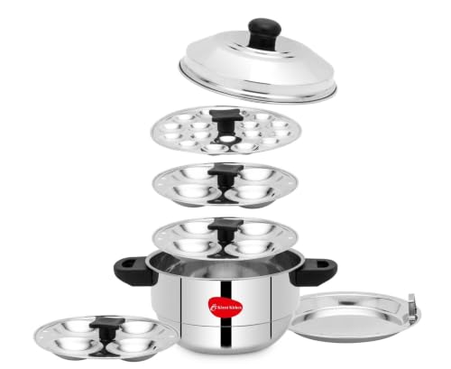 Image of KLASSI KICHEN Stainless Steel Idli Cooker with 3 Plates & 1 Mini Idli Plate |Idli Steamer with Bakelite Handle |Gas Stove & Induction Compatible |Idli Dhokla & Modak Maker | Kitchen Accessories | Silver
