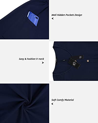 Ouges Womens Summer Short Sleeve Midi Dresses Button Down V Neck Skater Dress With Pockets(Navy395,L) #TOP4
