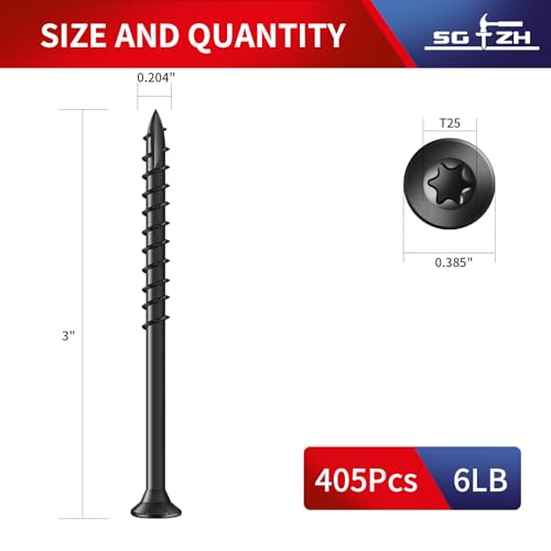 Image of #10 x 3 Inch Deck Screws (405Pcs) 6lb. Exterior Wood Screws. Carbon Steel, Black, Flat Head, Rust Resistant epoxy Coated, with T25 Star Bit