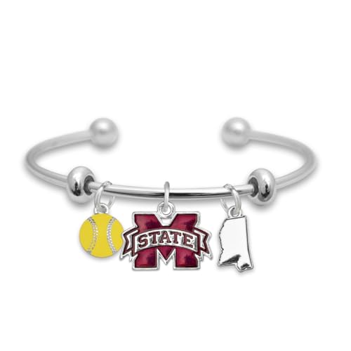 From the Heart Mississippi State Softball Accent Charm Team Traditions Cuff Bracelet with Team Color Logo, Softball and State Accent Charm Officially Licensed Jewelry Fan MSU
