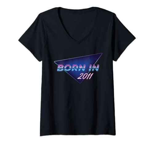 Womens Born In 2011 Retro 80's Style Birthday For Men Women V-Neck T-Shirt