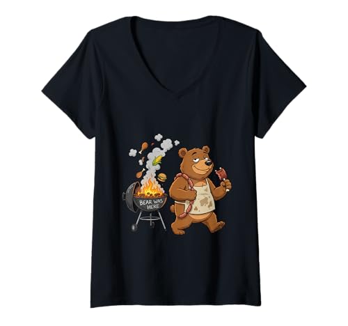 Mujer Divertido Oso Pitmaster BBQ ahumador para Fiesta Camiseta Cuello V