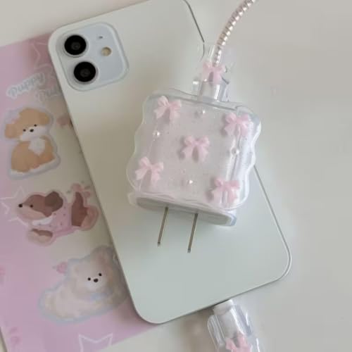 Image of Compatible with iPhone Cute Cat Charger Case Cover | Cartoon Character Silicone Charger Case Cover for 18-20W 360 Degree Full Protection Cover (Pink-Small-Bow)