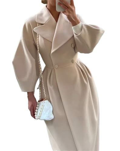 Women's Long Trench Coat Long Sleeve Large Lapel Solid Color Casual Double Breasted Overcoat