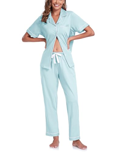 Image of COLORFULLEAF Women's 100% Cotton Pajamas Set Button Down Sleepwear Short Sleeve Shirt and Long Pants Soft Ladies Lounge Sets