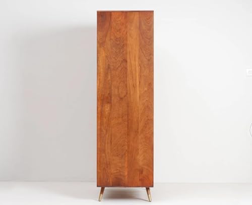 Image of Solid Wood Brown Finish Cane Wardrobe with Rattan Doors & Drawers | Almirah for Living Room, Dining Room, Bed Room & Guest Room| (H-Hony)