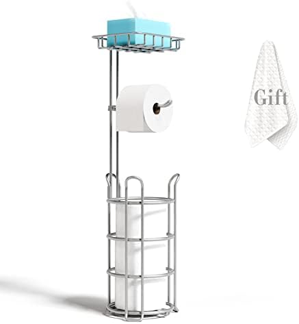 BUCKBURG Free Standing Toilet Paper Holder with Shelf, Holds Mega Rolls, Easy to Assemble, Sturdy and Durable, Premium Bathroom Tissue Storage Organizer Stand