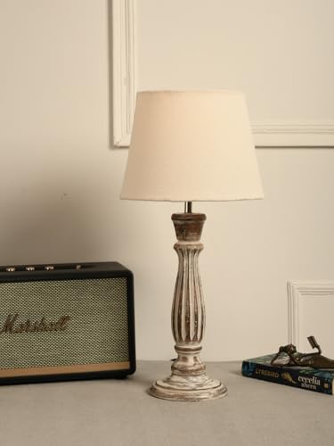 Image of Green Girgit Athens Wooden lamp with Taper Samre White Solid Shade, Vintage Style Table Lamp with Distressed Wood Base, Cream Fabric Shade (LED Bulb Included)
