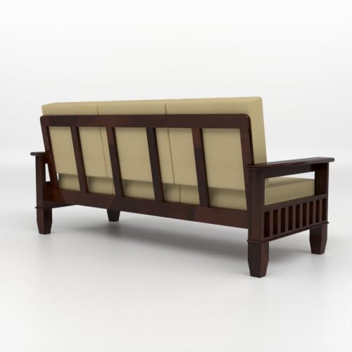 Image of Solid Sheesham Wood 3 Seater Sofa for Living Room | Premium Wooden Sofa with Side Magazine Rack | Comfortable Fabric Cushions | Modern Home & Office Furniture