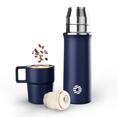 Healter Thermoskanne mit Becher 600ml Thermosflasche Kaffee Auslaufsicher Thermobecher Getränke 12h Warm/24h Kalt BPA-Frei Edelstahl Isolierflasche für Outdoor Camping (Dunkelblau)