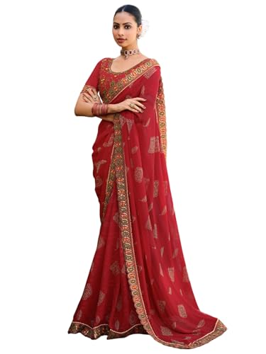 Image of Satrani Women's Georgette Bandhani Printed Sequence Lace Work Scalloped Border Saree with Unstitched Blouse Piece