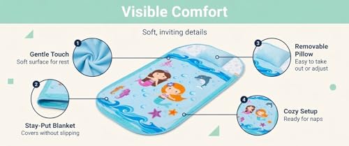 Image of EVERYDAY KIDS Cute Preschooler and Toddler Cot Nap Mat for Home, Daycare, Preschool and Kindergarten; Easy to Roll Sleeping Mat with Elastic Straps, Pillow and Blanket