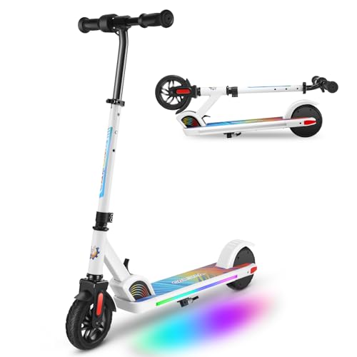 Caroma Elektroscooter, Elektroroller für Kinder von 6-12 Jahren, Faltbarer E Scooter, Einstellbare Höhe Leichter, LED Display, Bunte Leuchten, Leichter Elektroroller Kinder(Weiß)