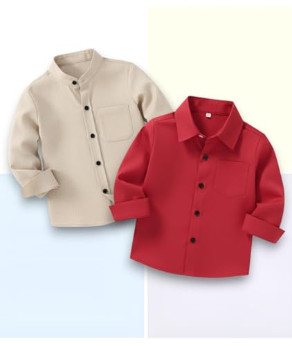 Image of Boys Mandarin Collar Shirt with Chest Pocket Beige and Rama Blue Color, Long Sleeve Button-Down Casual Shirt Pack of 2