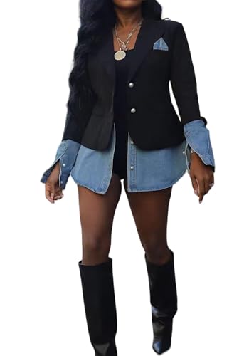 Women's Denim Blazer Jacket Casual Patchwork Long Sleeve Top Open