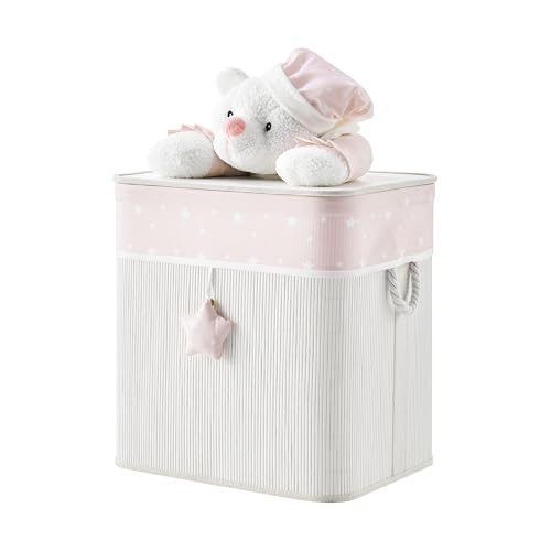 Pink/Cream Collapsible Folding Bamboo Kids Plush Laundry Hamper Toy Storage with Liner and Handles - Sleepy Teddy Bear
