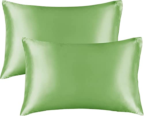 Juego de 2 fundas de almohada sedosas de satén de lujo con cierre de cremallera (funda de almohada de satén sedoso para el cabello), color verde, Queen (20 x 30 pulgadas)