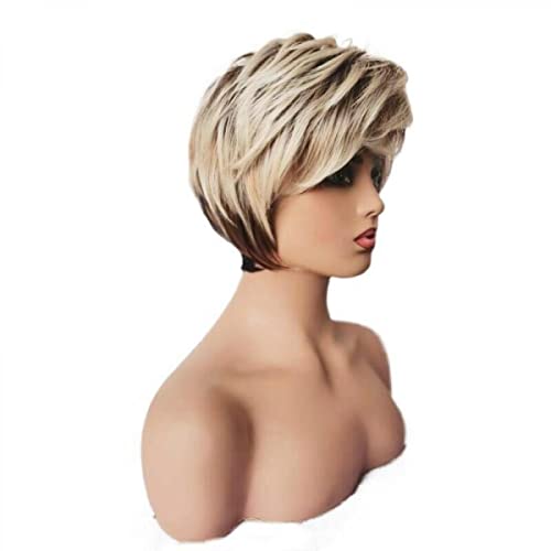 Women's Golden Short Straight Hair Wig, Fluffy Golden Mixed Color Gradient Fringe Short Curl Wig, High-temperature Silk Wig - Image 4