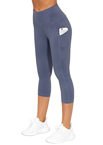 Image of THE GYM PEOPLE Thick High Waist Capris Yoga Pants with Pockets, Tummy Control Workout Running Yoga Leggings for Women