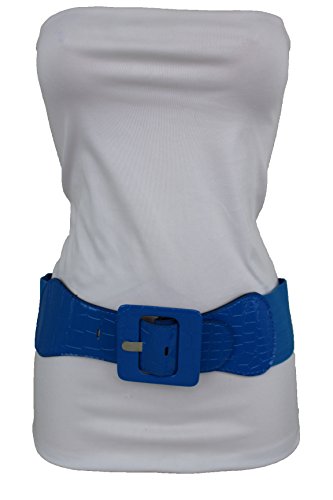 TFJ Women Fashion Stretch Belt Waist Hip Square Buckle M L XL Cobalt Blue