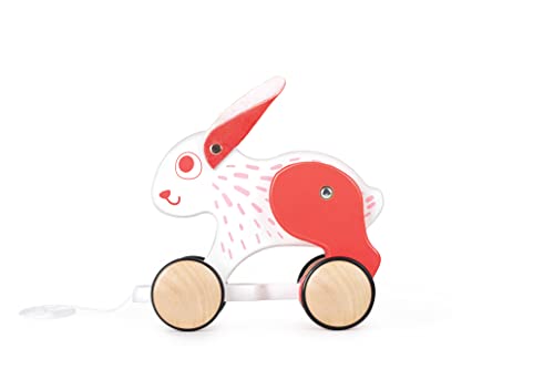 Hape: Pull Along - Bunny - White & Red - Wooden Animal Toy, Rubber Rimmed Wheels, Encourages Walking, Push & String Pull, Kid Baby Toddler, Age 12 mo+