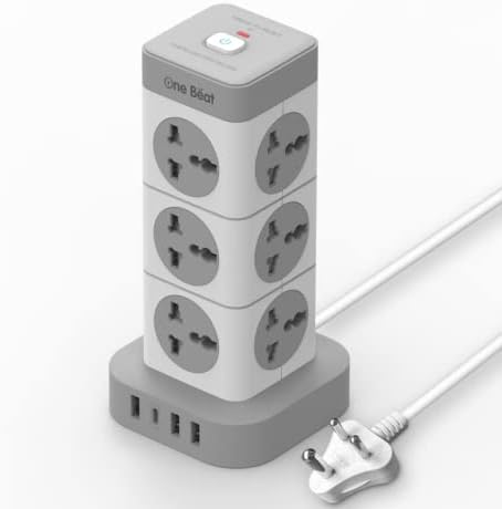One Beat Tower Extension Boards with USB Port with Universal Sockets and Charging Ports with Indicatori Plug Socket (12 Socket + 3 USB + 1 Type C), 250 Volts, White
