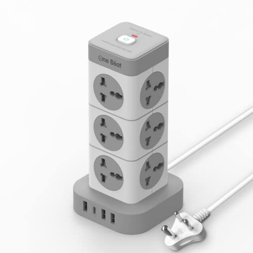 One Beat Tower Extension Boards with USB Port with Universal Sockets and Charging Ports with Indicatori Plug Socket (12 Socket + 3 USB + 1 Type C), 250 Volts, White