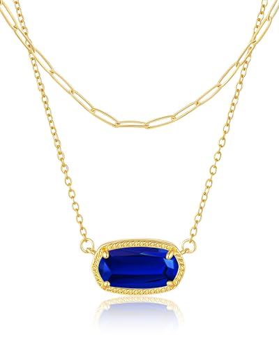 Lourny Gemstone Crystal Pendant Layered Necklace for Women Trendy, 18K Gold Plated Paperclip Chain Charm Necklaces Women Wife Jewelry