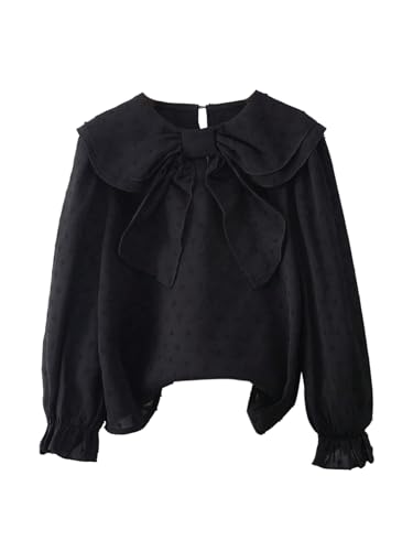 OYOANGLE Girl's Cute Swiss Dots Bow Front Bishop Long Sleeve Blouse Top Spring Clothes