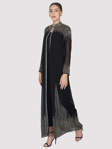Image of Matelco Women Georgette Floor Length Hand Embroidered Embellished Longline Front Open Shrug Dress