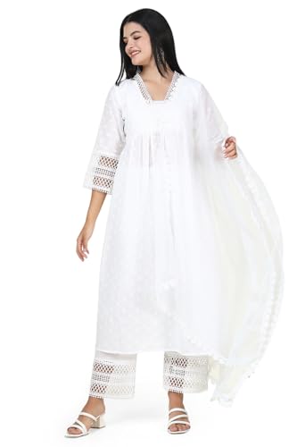 Image of SHOWOFFFF Women Solid Three-Piece Anarkali Festive Kurta Set | V Neck 3 /4th Sleeves Cotton Kurta Set for Womens | Mid-Rise Regular Fit Calf Length Kurta Set for Women's