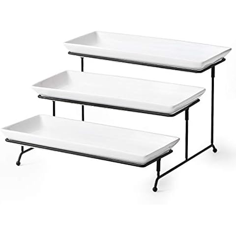 YHOSSEUN 3 Tier Serving Stand Tiered Serving Stand with 3 Porcelain Serving Platters Trays for Dessert Server Display Collapsible Sturdier Metal Rack Large Size 14 inch Cover