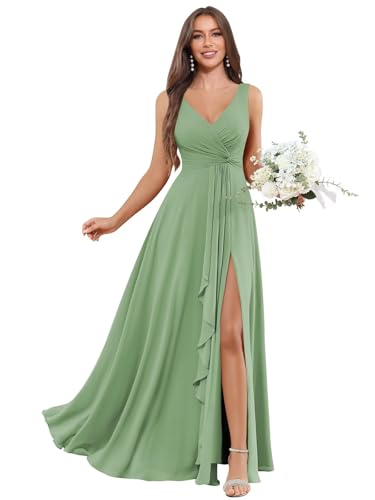 Image of BOLENSYE Bridesmaid Dresses Long Ruched Ruffles Chiffon A Line Evening Party Gown with Pockets Slit