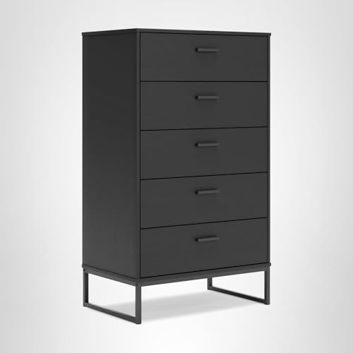 Signature Design by Ashley Socalle Casual Contemporary Chest of Drawers with Dark Pewter Hardware and Metal Legs, 5 Drawers, Wood, 50.67" High, Matte Black