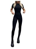 WDIRARA Women's Short Sleeve Basic Jumpsuits Round Neck Sexy Date Night Unitard Pants Romper Black Large