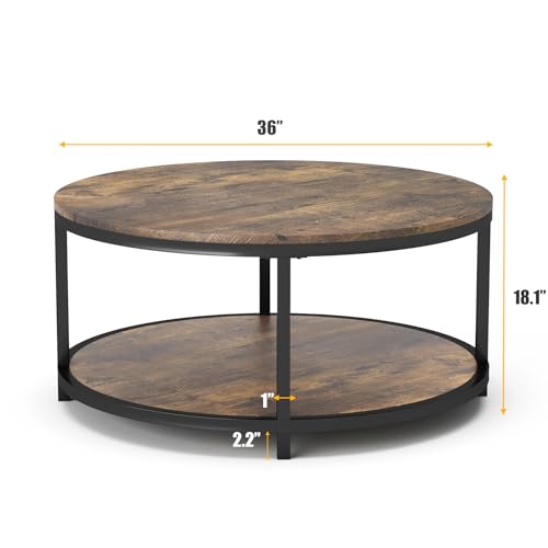 Image of NSdirect 36 inches Round Coffee Table, Rustic Wooden Surface Top & Sturdy Metal Legs Industrial Sofa Table for Living Room Modern Design Home Furniture with Storage Open Shelf (Brown)