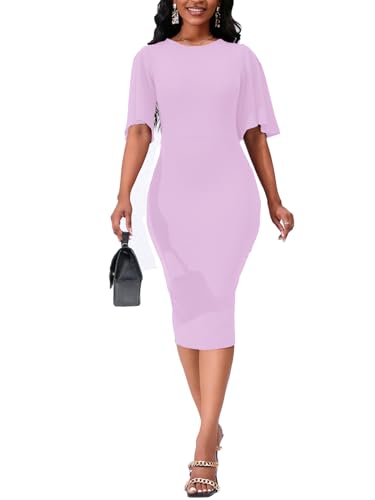 Image of WanMem Womens Basic Bodycon Ruffle Flared Short Sleeve Pencil Midi Dress