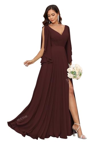 Image of HUUTOE Ruffle Sleeve Chiffon Deep Burgundy Long Bridesmaid Dress with Slit V Neck A-Line Formal Summer Wedding Guest Dresses for Women XL US14