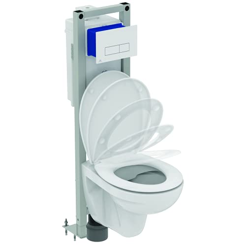 Ideal Standard TIRSO Pack WC suspendu Blanc, Bâti support Prosys Autoportant, Cuvette Sans Bride, Abattant Frein de Chute, Plaque de commande, Chasse 3/6L, Sortie horizontale, Kit fixations, R0342AC