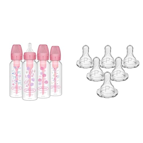 Image of Dr. Brown's Natural Flow Anti-Colic Options+ Narrow Baby Bottles, Floral Designs, 8oz/250mL, Pink, 0m+ & Dr. Brown’s Natural Flow Preemie Flow Narrow Baby Bottle Silicone Nipple, 6 Count